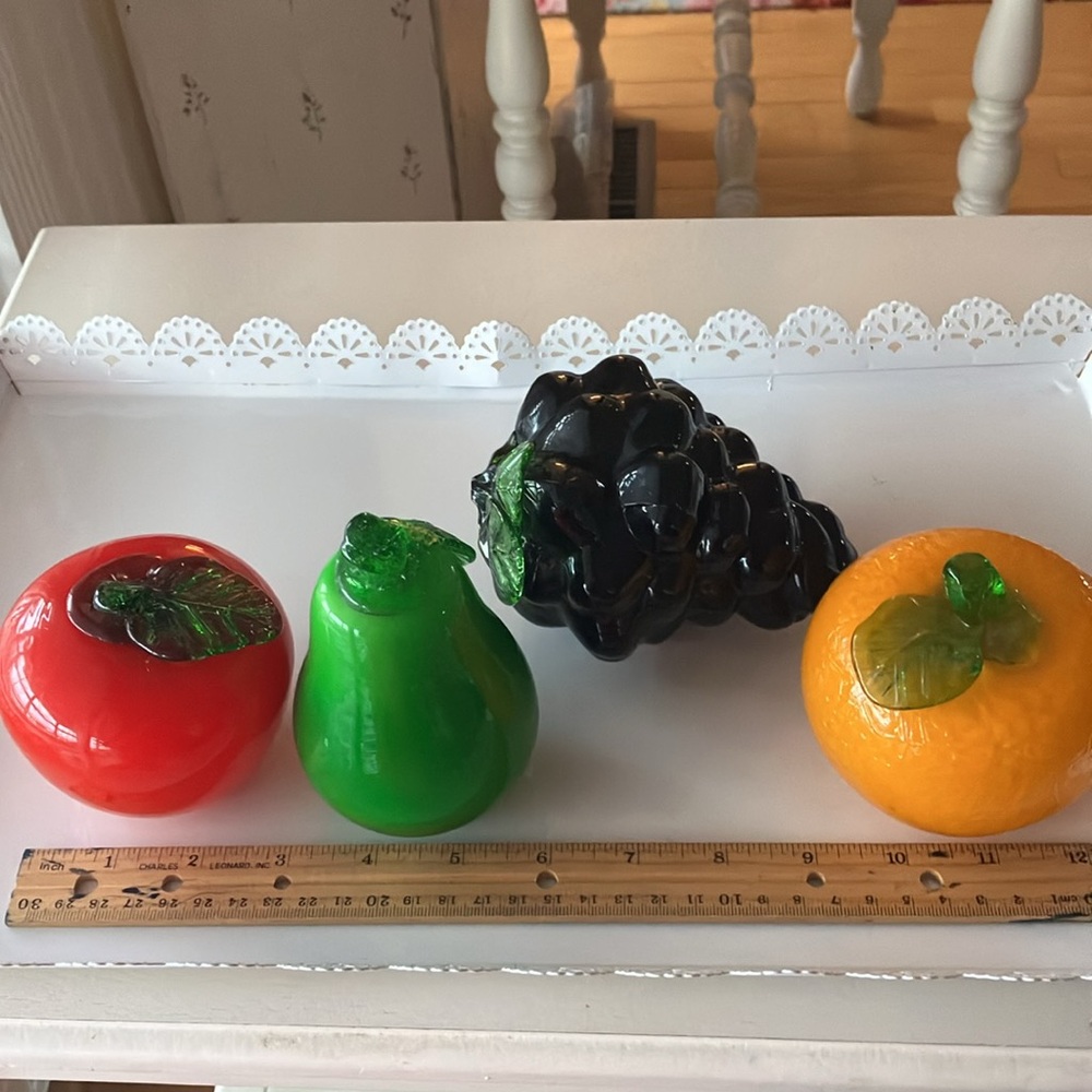 Art Deco Style Colorful Glass Fruit Set, Apple, Pear, Orange, Grapes